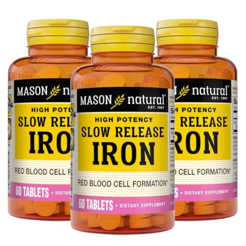 Mason Natural Slow,Release Iron (sulfato ferroso) 50 mg Tabletas, 180 Day Supply, High Potency Supplement, Gentle on Stomach, 3 Pack