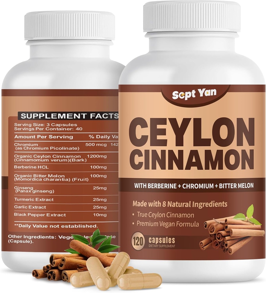 Ceylon Cinnamon Capsules 1200mg Cinnamon Bark Suplementos con cromo, Berberine HCL & Turmeric, Vegan, 120 capsules, Energía, Metabolismo, Heart &amp; Immune Support