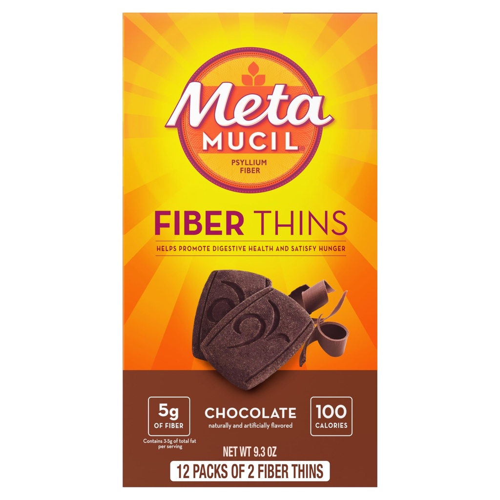 Metamucil, Fiber Thins, Daily Psyllium Husk Fiber Supplement, Supports Digestive Health and Satisfies Hunger, Chocolate Flavor, 12 Count