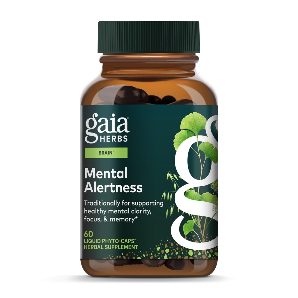 Gaia Herbs Mental Alertness - Brain Support Supplement to Help Maintain Focus & Memory* - with Eleuthero, Ginkgo Leaf, Gotu Kola, Rosemary &amp; Oats - 60 Vegan Liquid Phyto-Capsules (15-Day Supply)