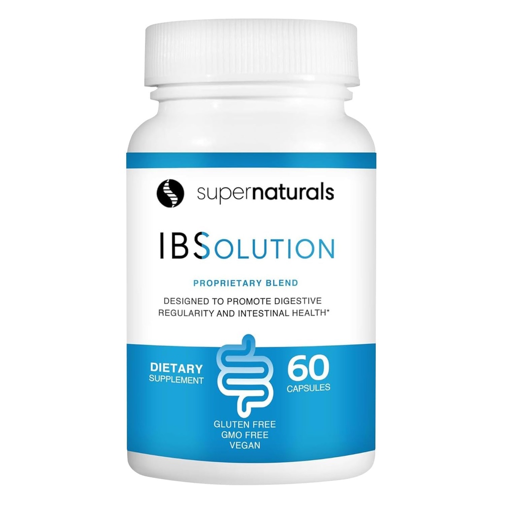 SuperNaturals IBSolution - Made in USA, Non-GMO, Gluten Free & Vegan (60 Capsules) - Digestive Gut Health Supplement With Psyllium Husk - Gas, Bloating, Diarrhea, Constipation Relief, Abdominal Pain