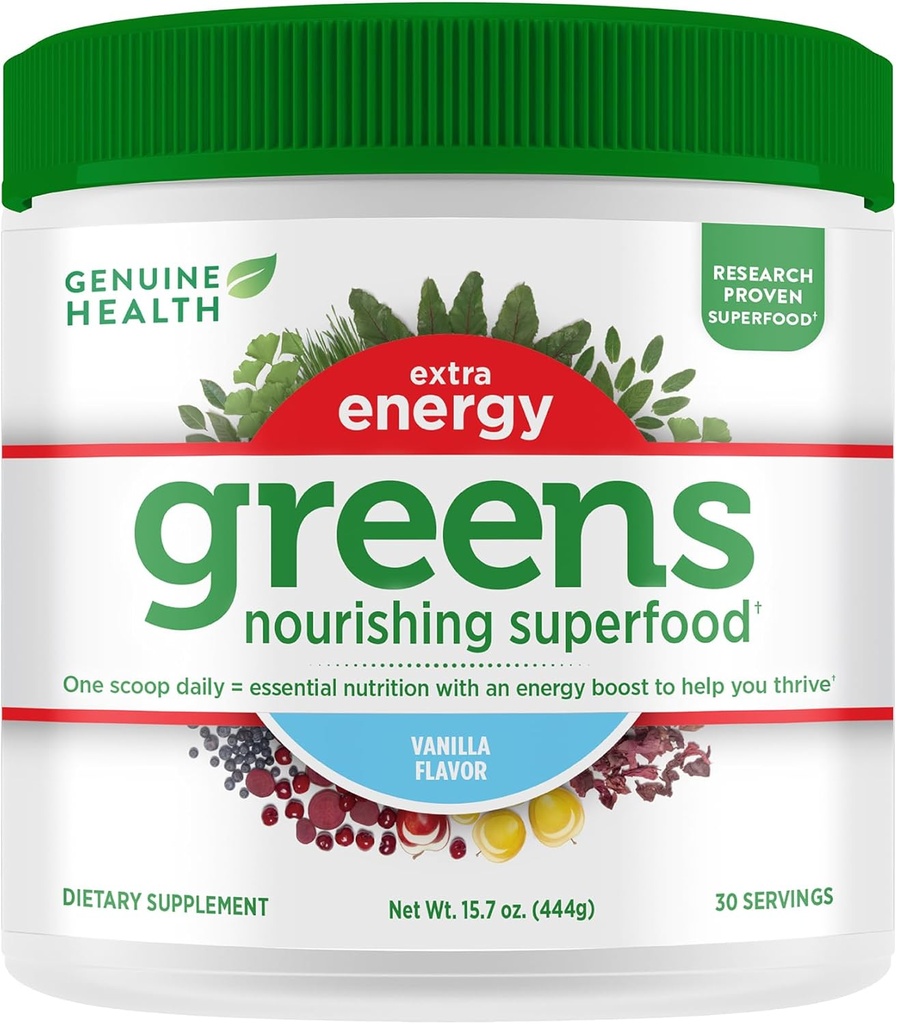 Genuine Health Greens + Extra Energy Superfood Powder, Proporciona un Boost de Energía Inmediata &amp; Apoya Gut Health, Vanilla Flavoured, 30 Servimientos