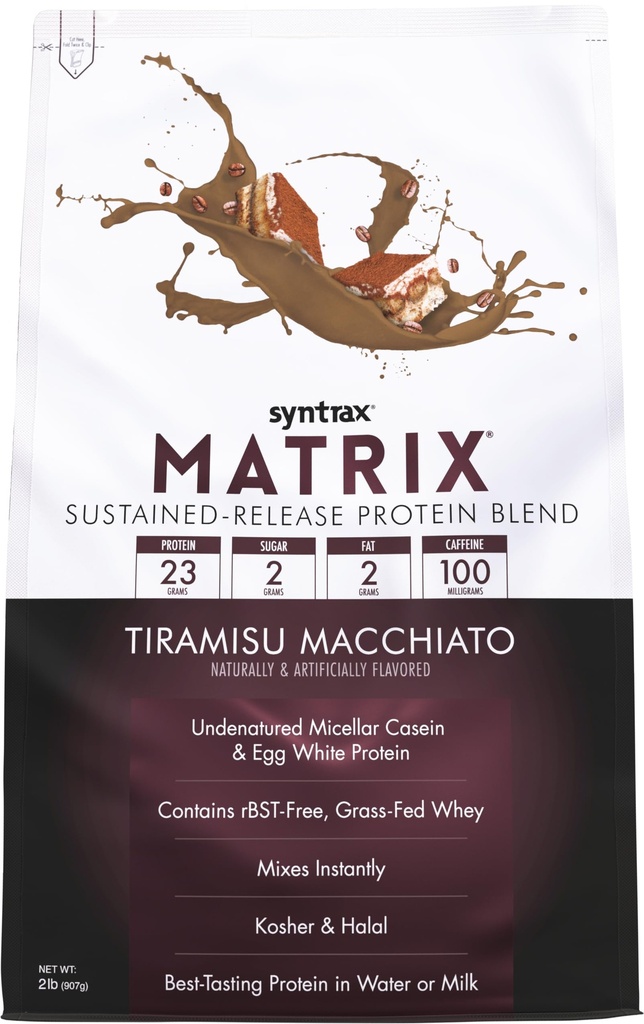 Matriz de Nutrición Sintrax - Proteína de liberación sostenida Blend, Tiramisu Macchiato 2 lbs. 100mg Caffeine