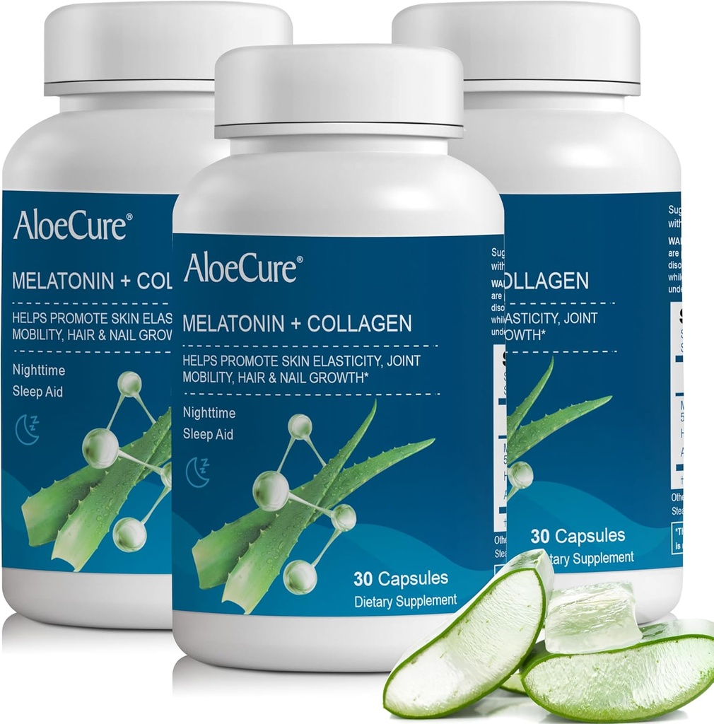 AloeCure Natural Melatonina + Colágeno con Aloe Vera Orgánica - Suplemento de Ayuda Natural para las Noches Restablecidas - Complejo Collagen para la Fuerza Conjunta, Elasticidad de la piel, Pelo &amp; Crecimiento de uñas, 30 cápsulas