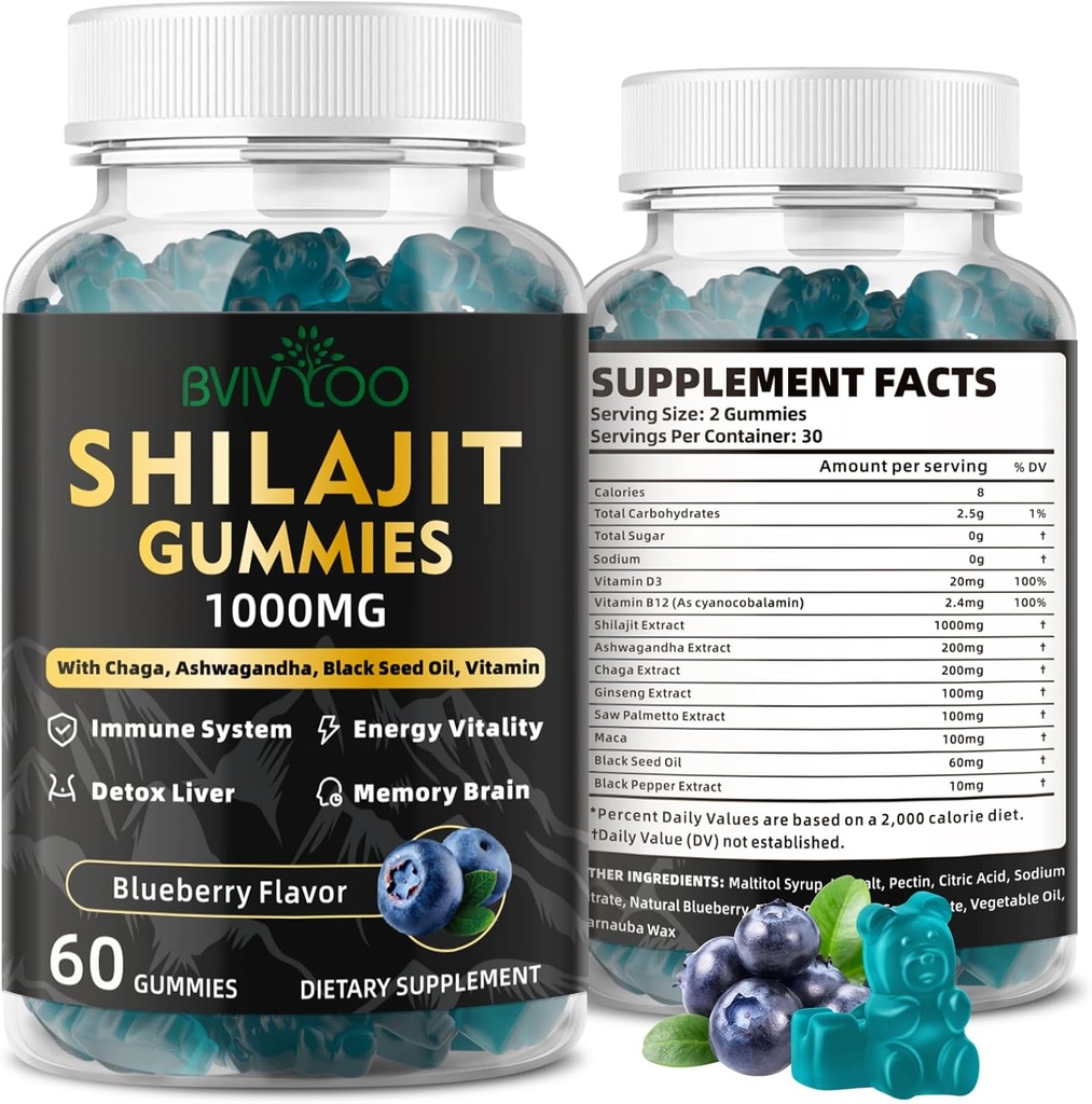 Shilajit Gummies for Men &amp; Women - Suplemento Shilajit libre de azúcar Rico en 85+ Minerales Trace " Ácido Fulvico, Proporcionando energía, cerebro y apoyo inmunológico - 60 Gummies