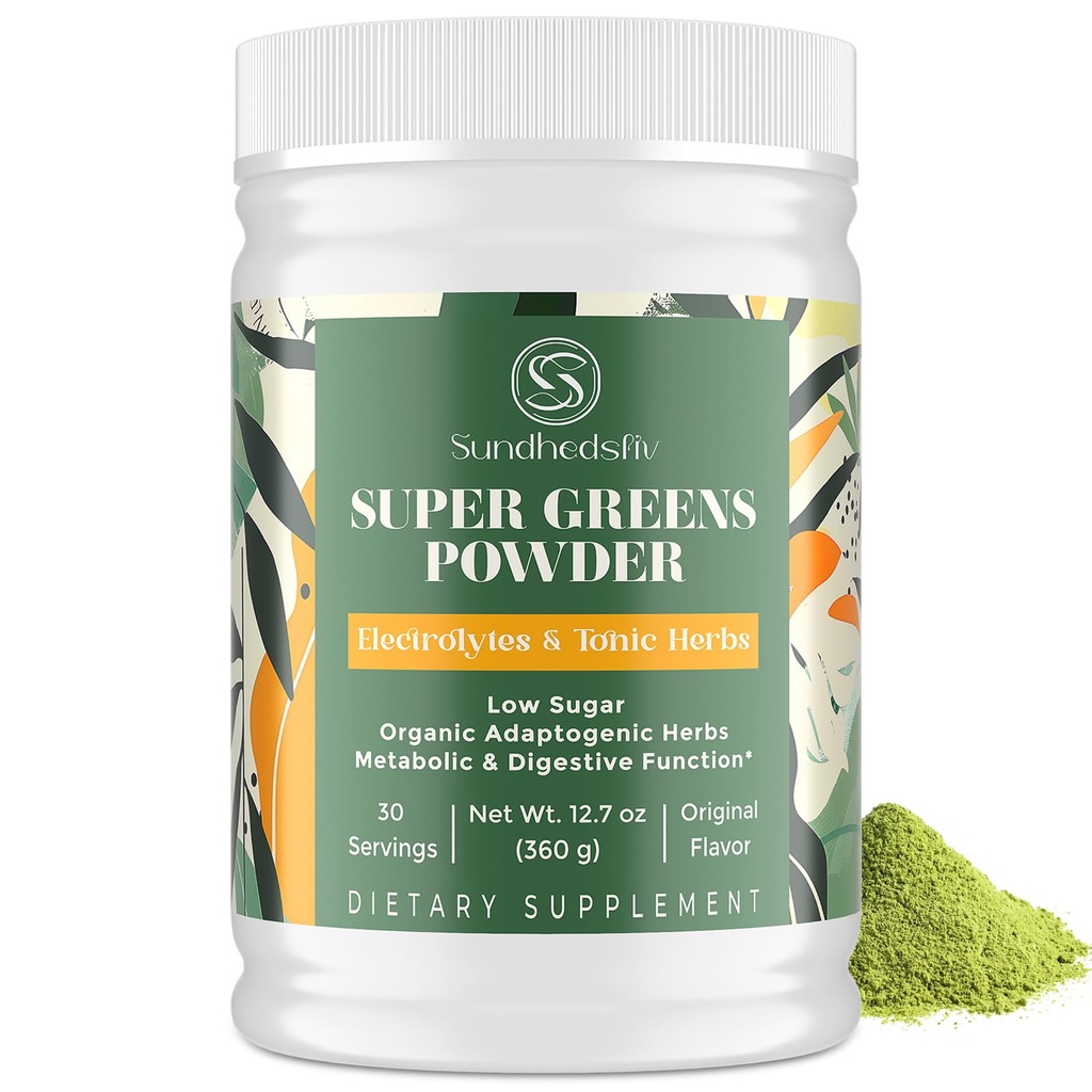Super Greens Powder Superfood + Electrolytes & Tonic Herbs ← Ecológico Greens, Shilajit, Adaptogens, Antioxidantes, Preobiótico " Probiótico " Postbióticos para la energía, Gut " Immune eterna Unflavored - 30 Servings