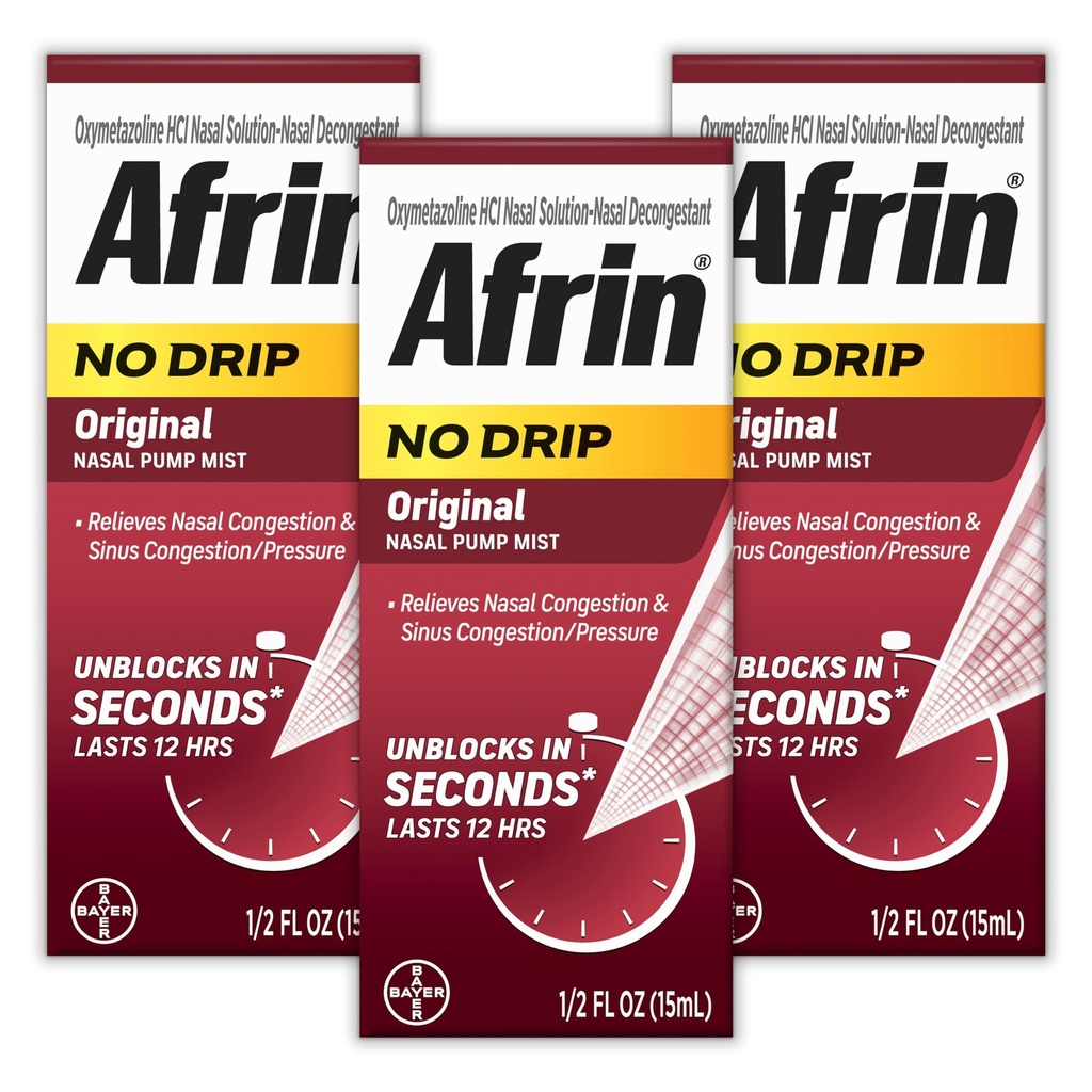 AFRIN No Drip Original Nasal Mist Triple Pack, Non-Drowsy, Fast-Acting Decongestant for Nasal Congestion and Sinus Pressure Relief, Adultos and Children 6 and Older, .5 fl oz (Pack of 3)