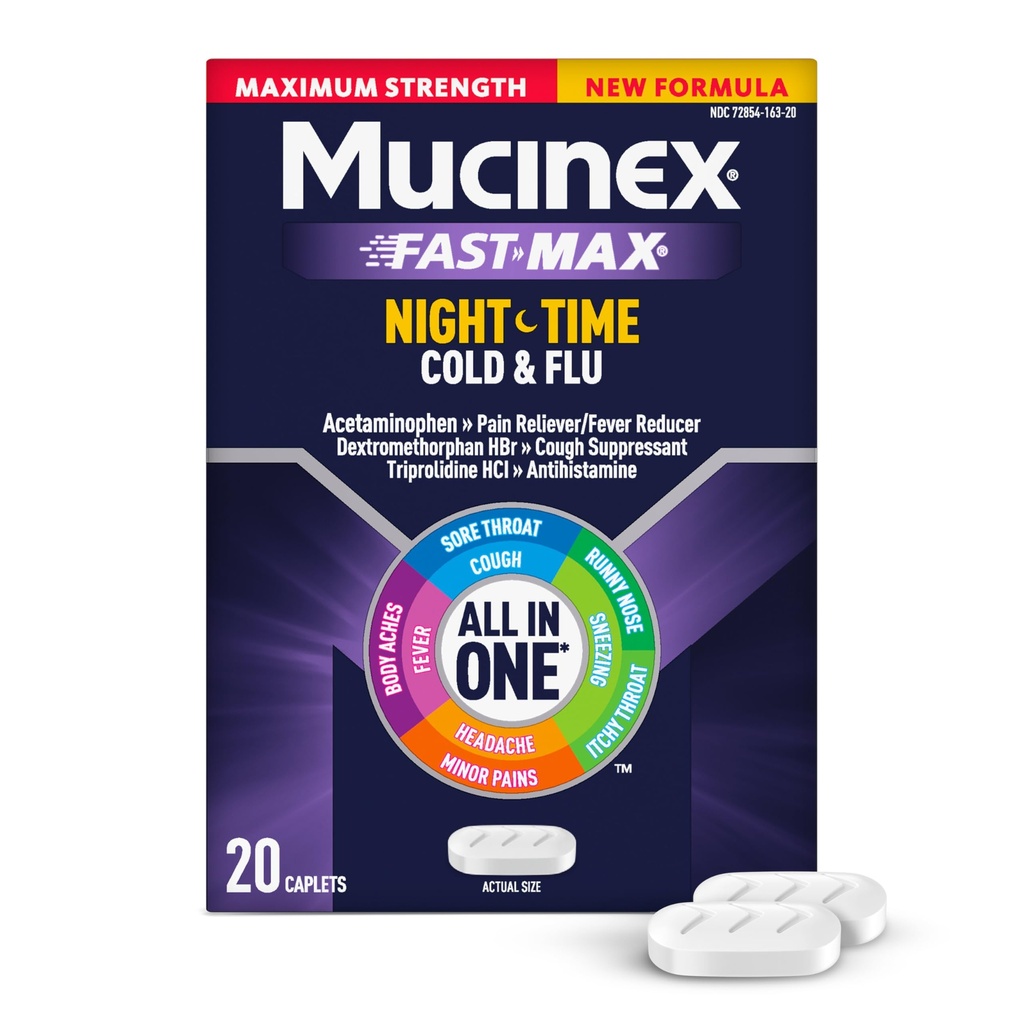 Mucinex Nightshift Cold " Flu, máxima fuerza Potencial Multi-Symptom Nighttime Relief, 20 cápsulas de liberación rápida - Alimentador de dolor/Reductor de polvo, resistente a la tos, antihistamínico