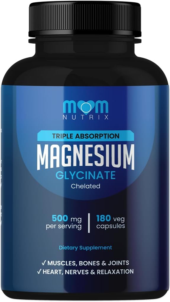 Magnesio Glycinate - 500 mg Triple Acolchado Absorción Magnesio - Corazón, Huesos, Juntas Soporte - Calma &amp; Relax- 180 cápsulas