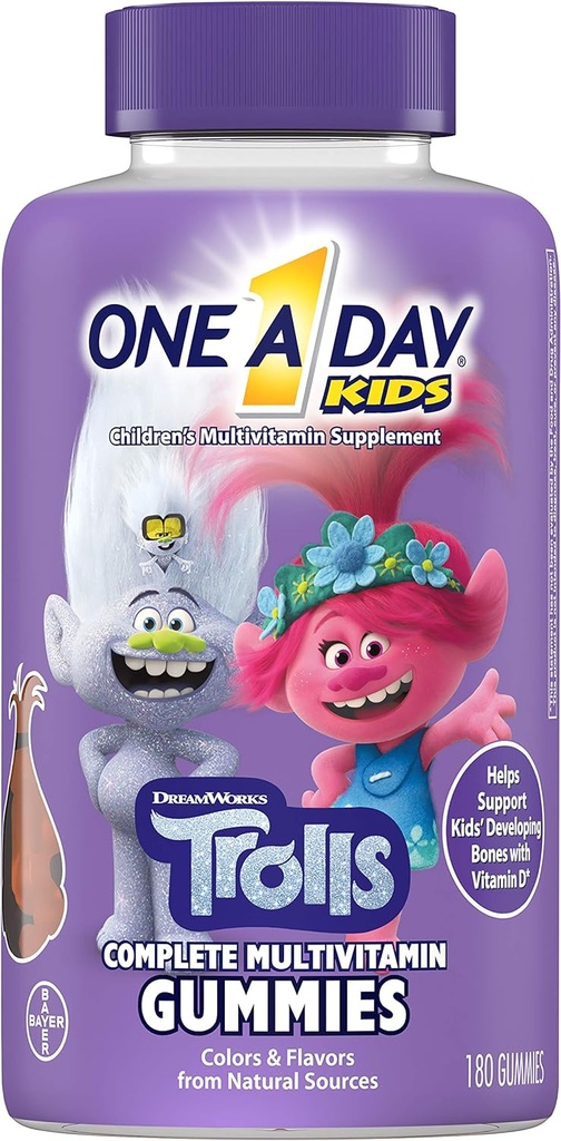 Un día niños trolls multivitamina Gummy, vitaminas para niños con vitaminas A, B6, B12, C, D, E, Zinc, ácido fólico y biotina (paquete mayo Vary), trolls, 180 conteo