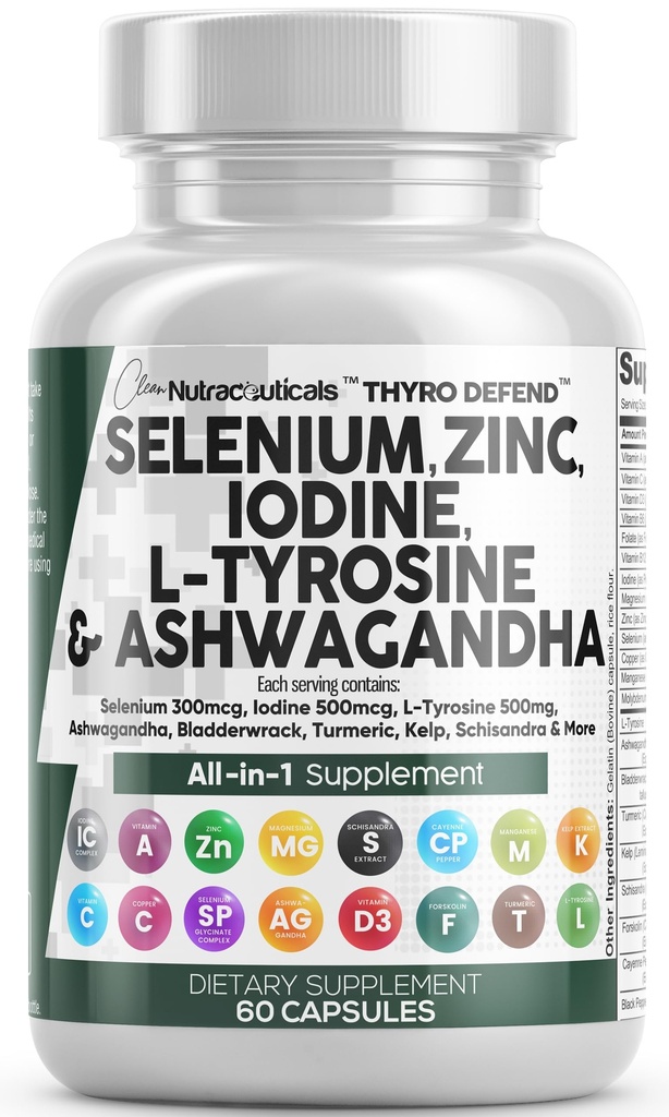 Clean Nutra Selenium 300mcg Iodine 500mcg Thyroid Support for Women & Men | L Tyrosine 500mg Ashwagandha Supplement Bladderwrack, Turmeric, Kelp, Schisandra Zinc Pills Capsule Supplements