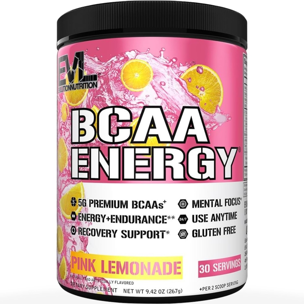 Evlution EVL BCAAs Amino Acids Powder - BCAA Energy Pre Workout Powder for Muscle Recovery Lean Growth and Endurance - Rehydrating Post Workout Recovery Drink with Natural Caffeine - Pink Lemonade