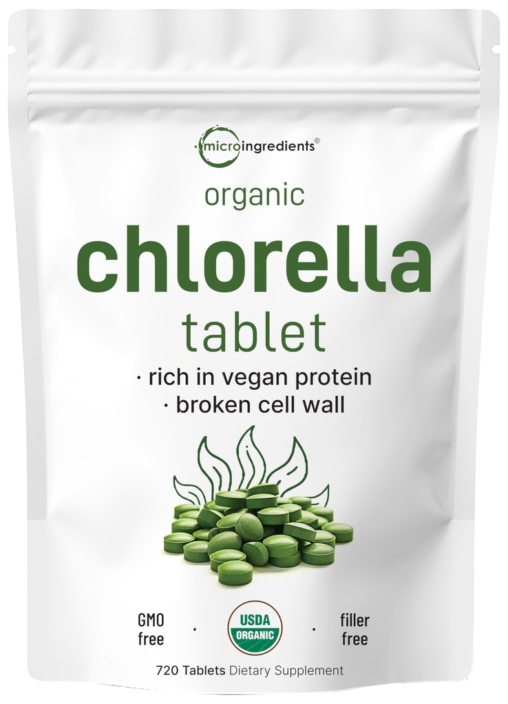 Clorella orgánica Tablets, 500mg Por Tablet, 720 Tabs (360 Grams), 4 Meses de suministro, Muro de células rotas, Rico en proteína vegana &amp; vitaminas, No Filler, No Additives " Non-GMO  durable Purre Green Algae Superfood