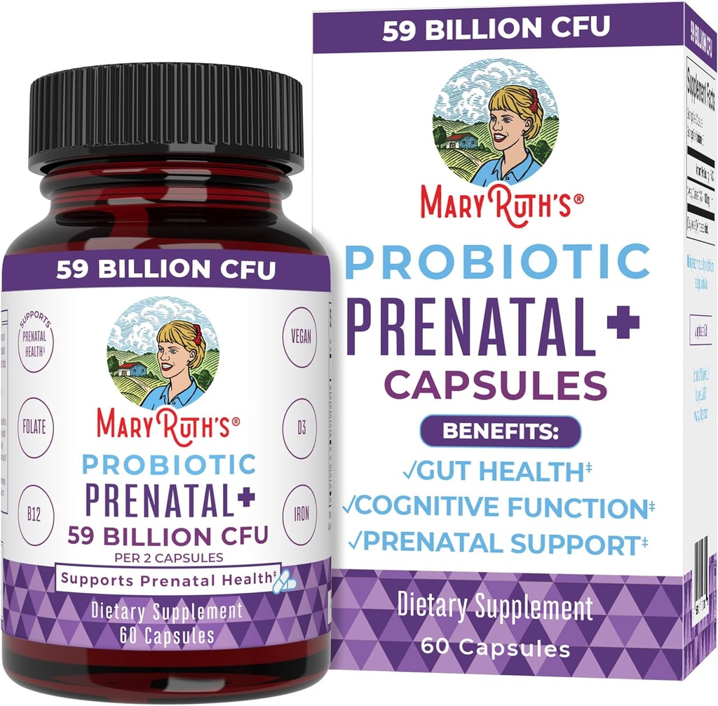 MaryRuth Organics Prenatal Vitamins & Probiotics | 59 Billion CFU | Vitamin D3 & B12 | Iron | Folate | Selenium | Choline | Vegan | Non-GMO | 60 Capsules