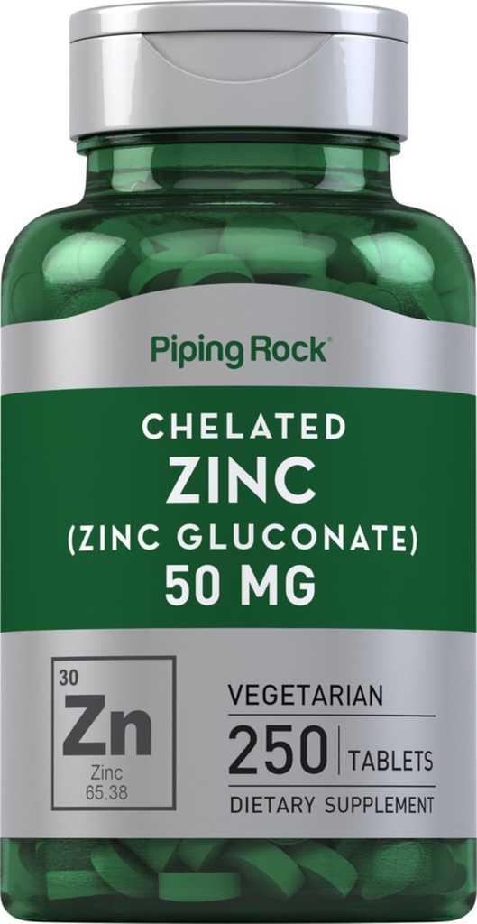 Piping Rock Zinc 50mg | 250 Vegetarian Tablets | Chelated Gluconate | Non-GMO and Gluten Free Supplement