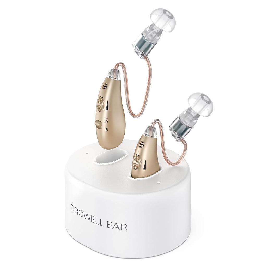 Ayudas auditivas, ayudas de escucha recargables para adultos mayores con cancelación de ruido, Amplificador de Audición de OTC detrás del oído Amplificador de sonido personal Dispositivos de amplificación de sonido con base de carga portátil(Gold)