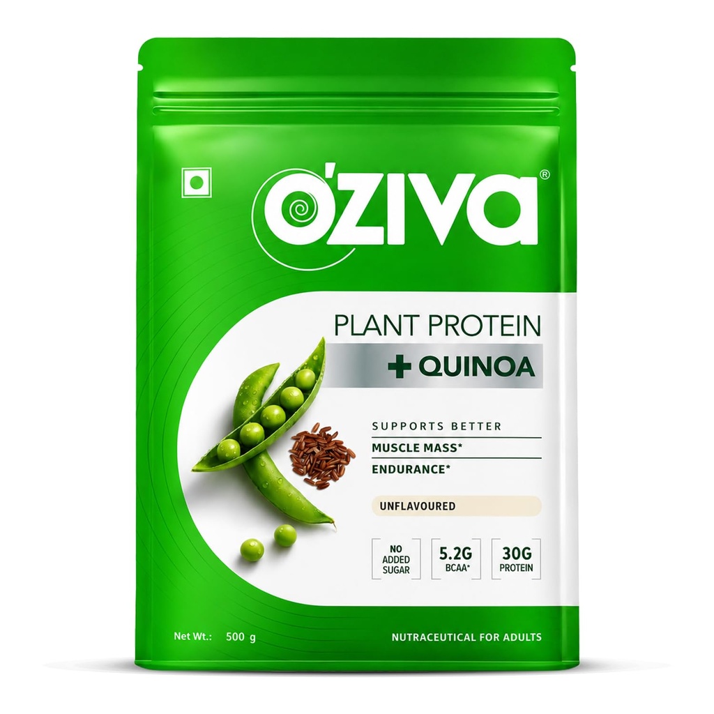 OZiva Planta Orgánica Proteína Polvo Silencio 500 Gm Silencio (30g Vegan Protein - Pea Protein a, Brown Rice Protein & Quinoa, Soy Gratis) para Todos los días Fitness, Boosts Inmunity, Unflavored (1.1 lb)