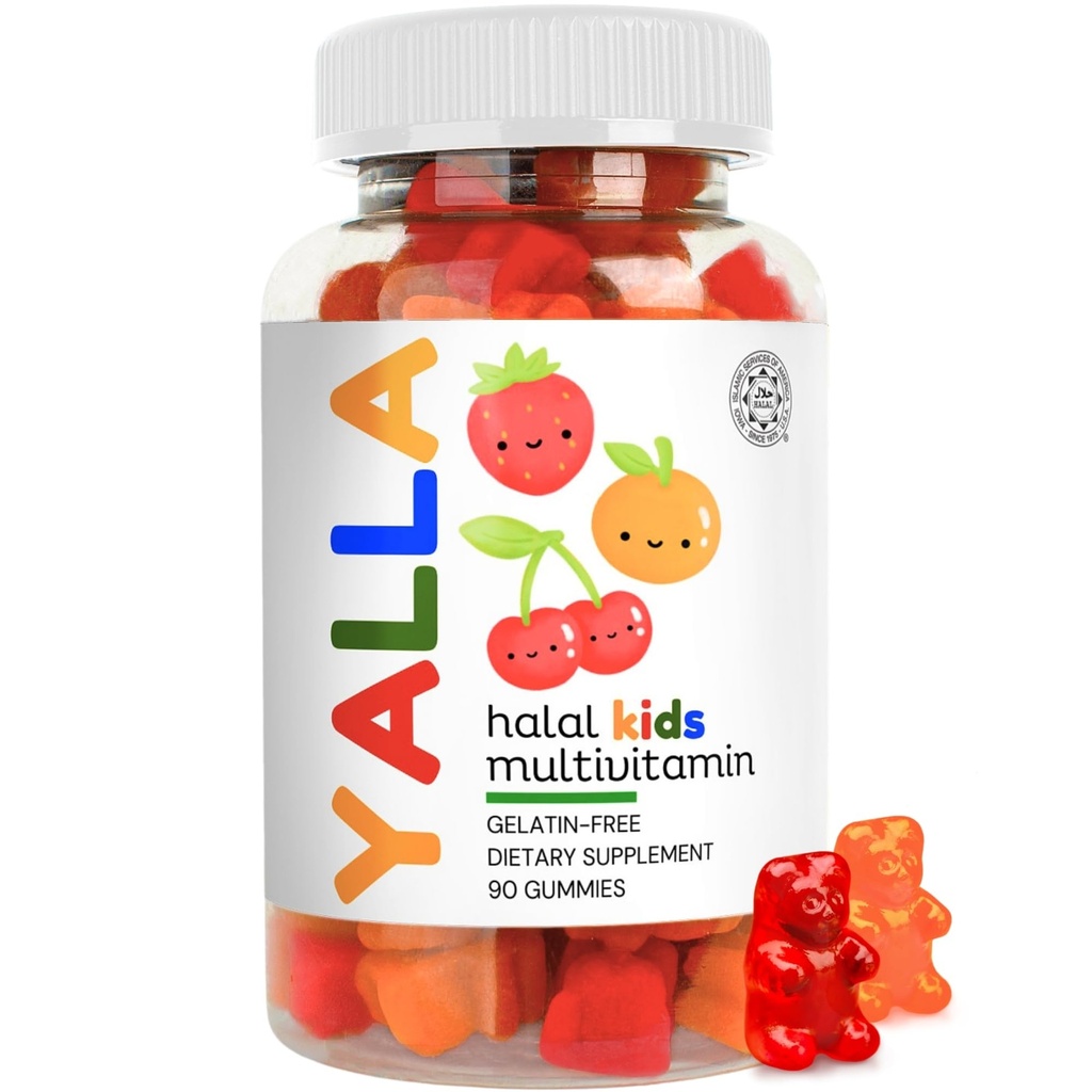 YALLA Halal Vitamins for Kids, Halal Kids Multivitamin Gummies, 45-90 Day Supply, Essential Vitamins with C, D3, Zinc for Immunity, B6 B12 for Energy, ISA Certified, Gelatin Free