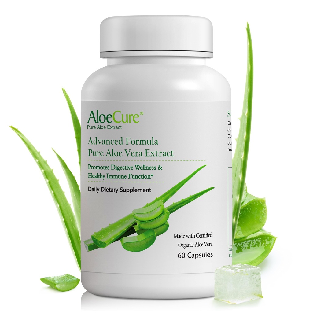 AloeCure Organic Aloe Vera Capsules, 160,000mg Inner Aloe Leaf Equivalent per Serving, Support Gut, Digestive, & Immune Health, Helps Maintain Balanced Stomach Acidity, Aloin Free, 60 cápsulas