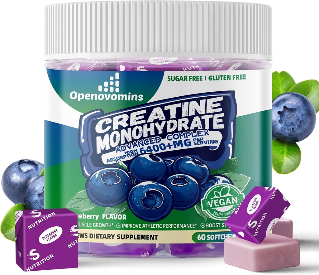 Cretina Monohydrate Soft Chews Complejo 6400mg para Hombres &amp; Mujeres -Fórmula avanzada W/L-Taurina + Vitamina B12, Sugar Free Chewable Suplemento,60 Blueberry Softchews