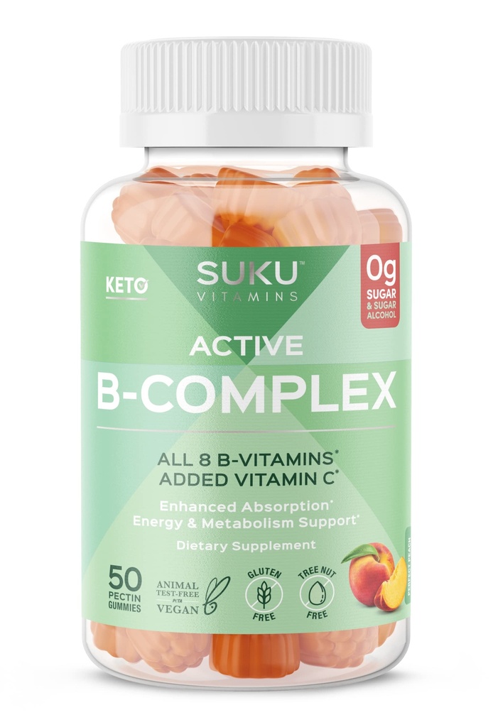 SUKU Vitamina B Complejo Gummies con vitamina C – Sugar Free Vegan 8 B Vitaminas Complejo Suplemento Gummy Aumenta el desarrollo celular, mejora el metabolismo y la formación de colágeno, sabor de durazno (50 Gummies)