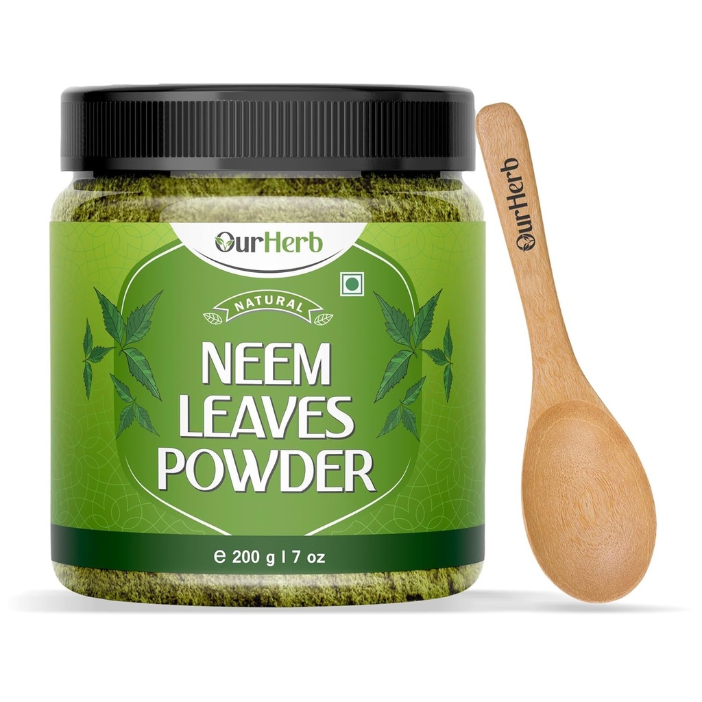 Pure Neem Leaves Powder Natural Solution for Pimple-Free Clear Skin & Silky Hair, Ideal para Face Packs, Hair Care y Pigmentation Support with Wooden Spoon – 200g  7.04 Oz