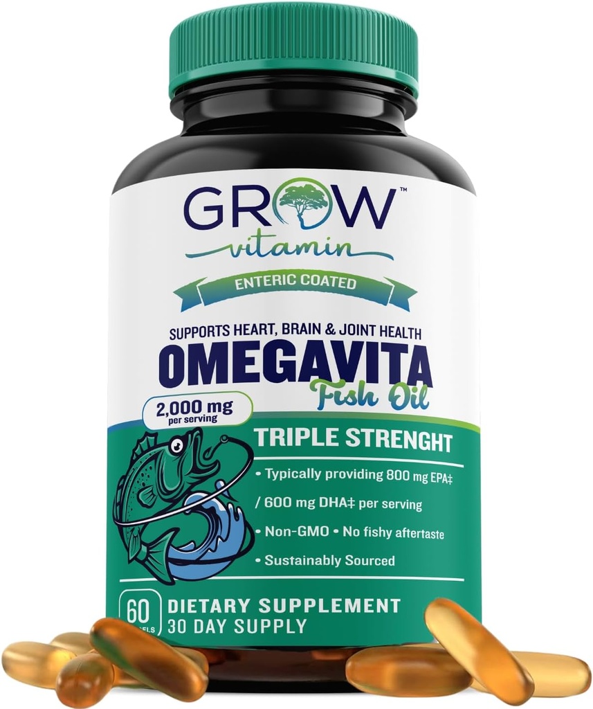 cultivar vitamina OmegaVita aceite de pescado : 800 mg EPA 600 mg DHA Omega 3 Suplemento para el corazón, Cerebro &amp; Apoyo inmunológico, Absorbable Triple Strength Fish Oil Suplemento - 2000 mg Por ser, 30 Day Supply