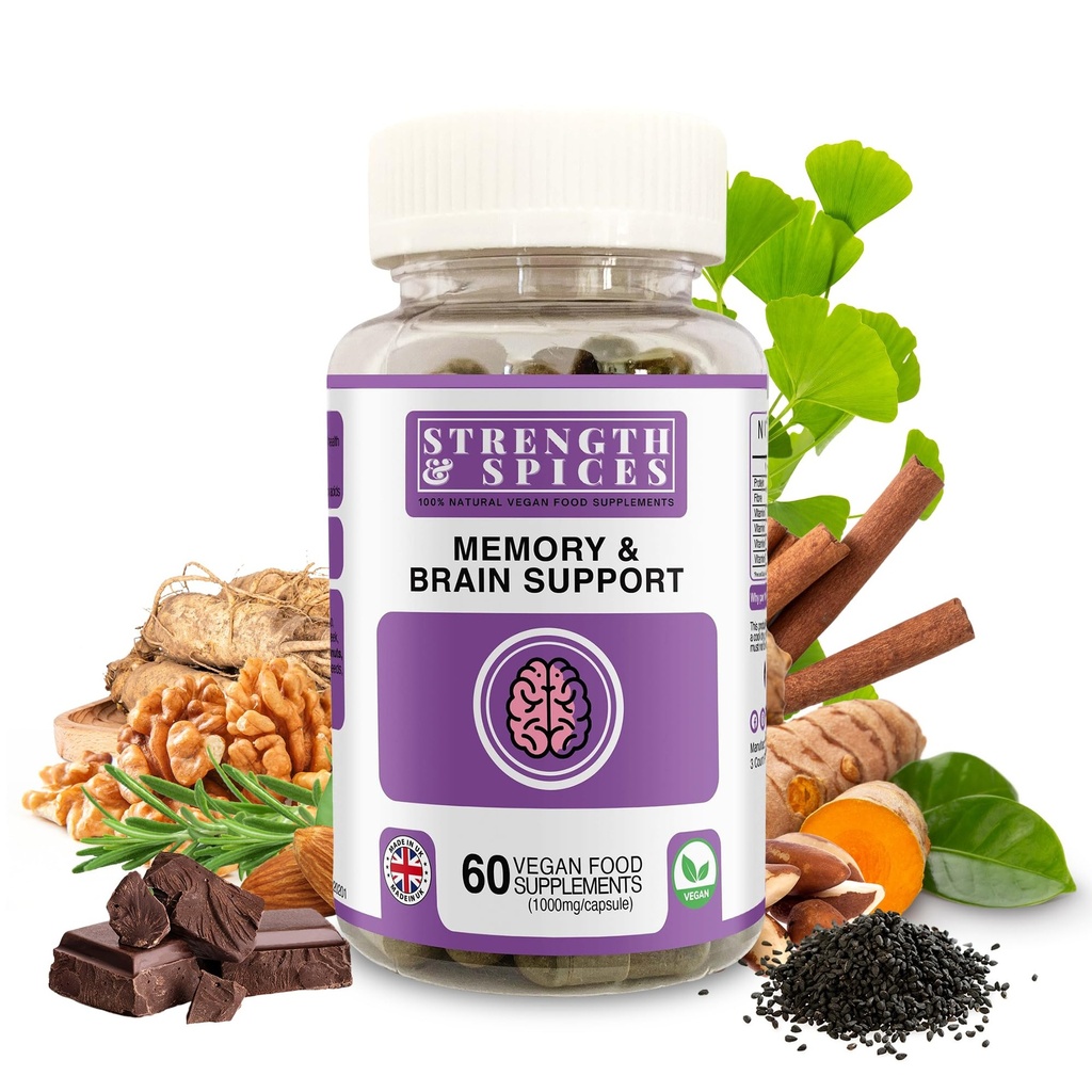 Strength ' Spices Memory Booster and Focus Supplement with Ginkgo Biloba and 22 Super Ingredients, Plant-Based Brain Supplement for Memory, Clarity, and Alertness, 1000mg, 60 Capsules