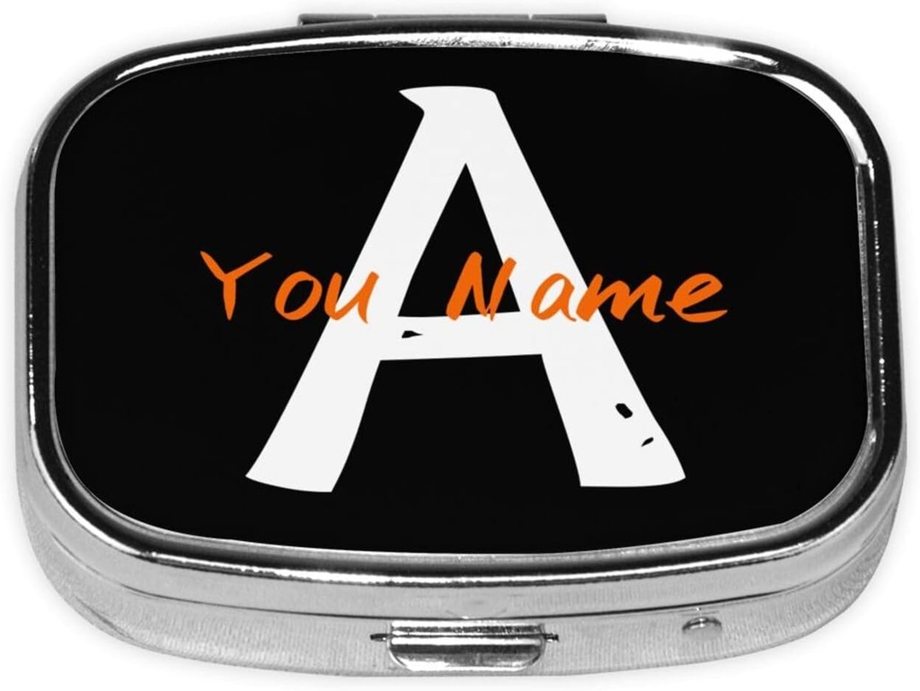 Caja de almohadas cuadradas personalizadas con espejo Texto de foto personalizado Logotipos Travel Small Pill Case 2 Compartimiento Personalizado Metal Metal Medicine Container Vitamin Organizer for Pocket Purse (Name)