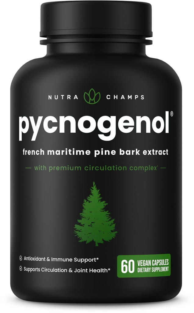NutraChamps Pycnogenol Extracto de pino marítimo francés, Complejo de Circulación Premium, Flujo de Sangre, Producción de óxido nítrico, Absorción Superior, Resultados con Extracto de Pepper Negro, 60 cápsulas