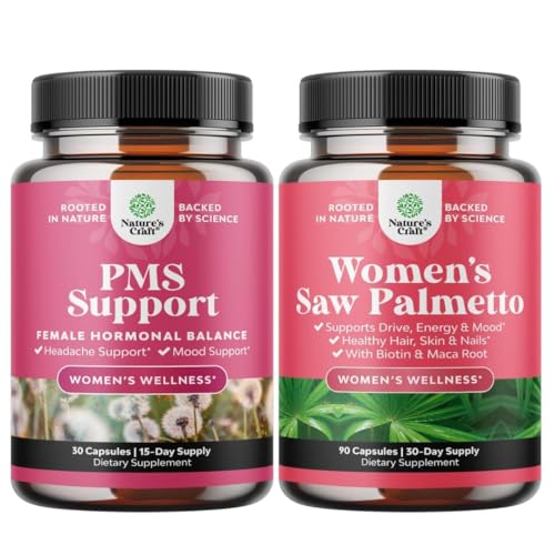 Bundle of PMS Support and Saw Palmetto for Women - DIM, Chasteberry, Black Cohosh & Ashwagandha for Period Cramps, Bloating, Mood Swing y Saw Palmetto Extract with Maca Root & Biotin for Hair Loss