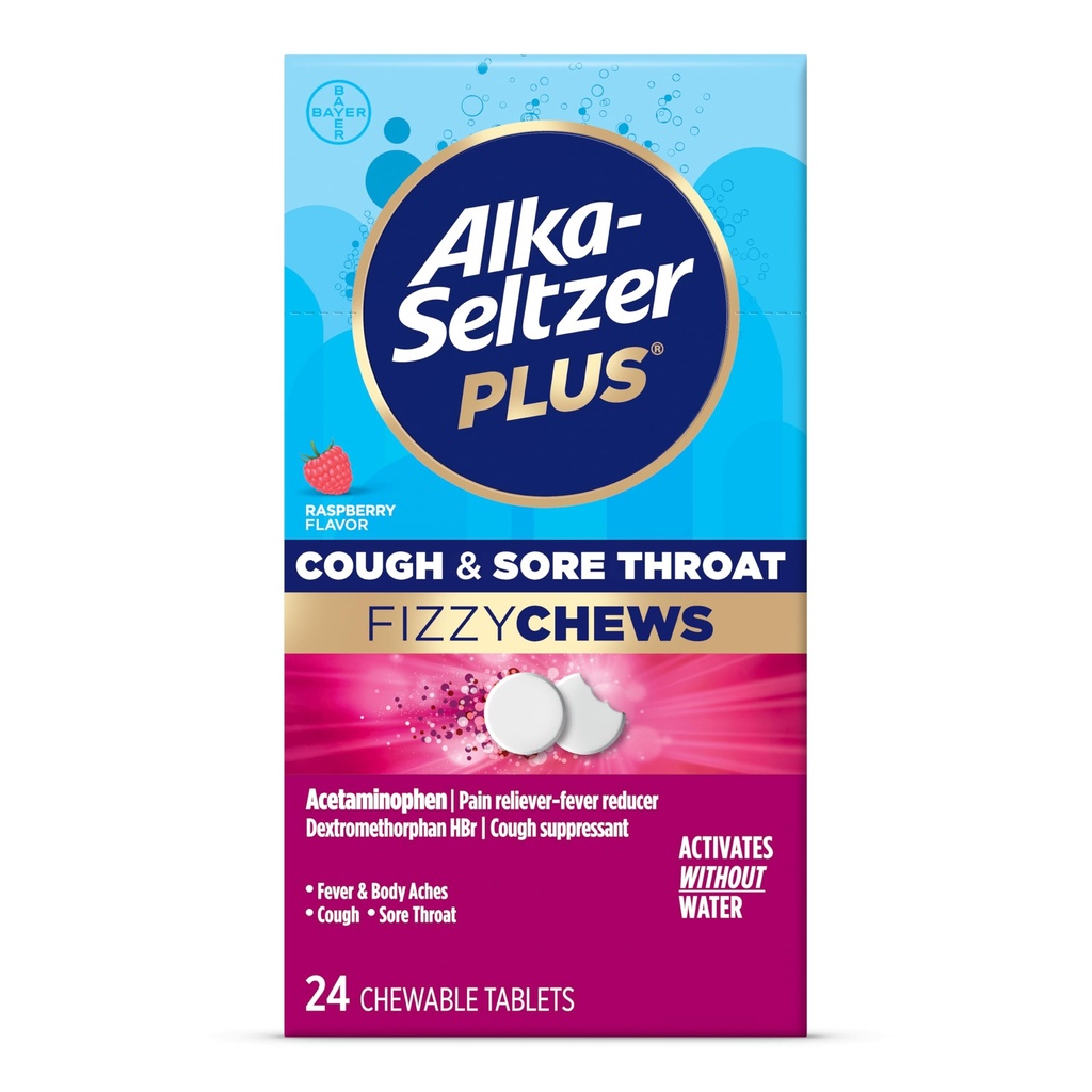 Alka-Seltzer Plus Cough & Sore Throat Fizzy Chews, No Water Needed, On The Go Sore Throat Relief for Adults, Raspberry Flavor, 24 Count