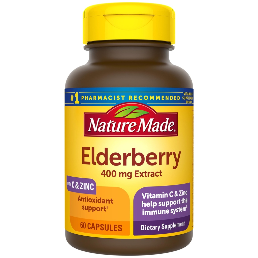 Nature Made Elderberry, Vitamin C and Zinc Capsules, 400 mg Elderberry Extract, Dietary Supplement for Immune Support, 60 Capsules, 60 Day Supply