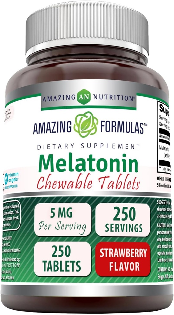 Fórmulas increíbles Melatonin Chewable Suplemento TENIDO 5 Mg Por Serving TENIDO 250 Tablets TENRI Non-GMO ANTE Gluten-Free TEN Made in USA (Strawberry Flavor)