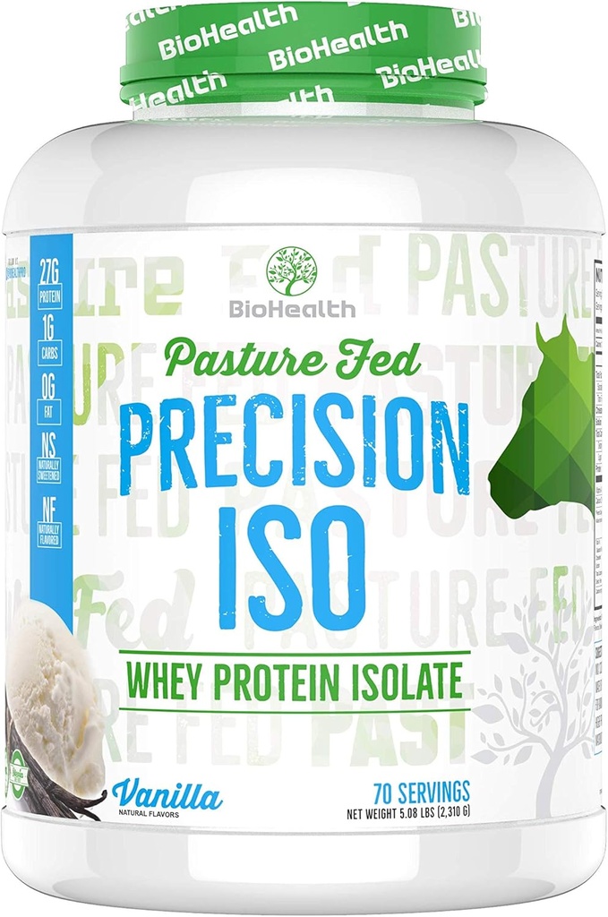 BioHealth Nutrition Precision ISO Vanilla (5lb) ← 27g Premium Pasture Fed Whey Protein Isolate + Amino Acids ANTE 70 Servings  Zero Sugar TEN GMO Free