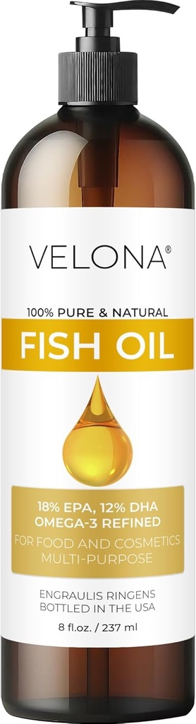 Fish Omega-3 Oil by Velona - 8 Fl Oz | 100% Pure and Natural Carrier Oil | Refined | Vitamin E, D, Omega-3 | Cooking, Skin, Face, Body, Hair Care | Use Today - Enjoy Results