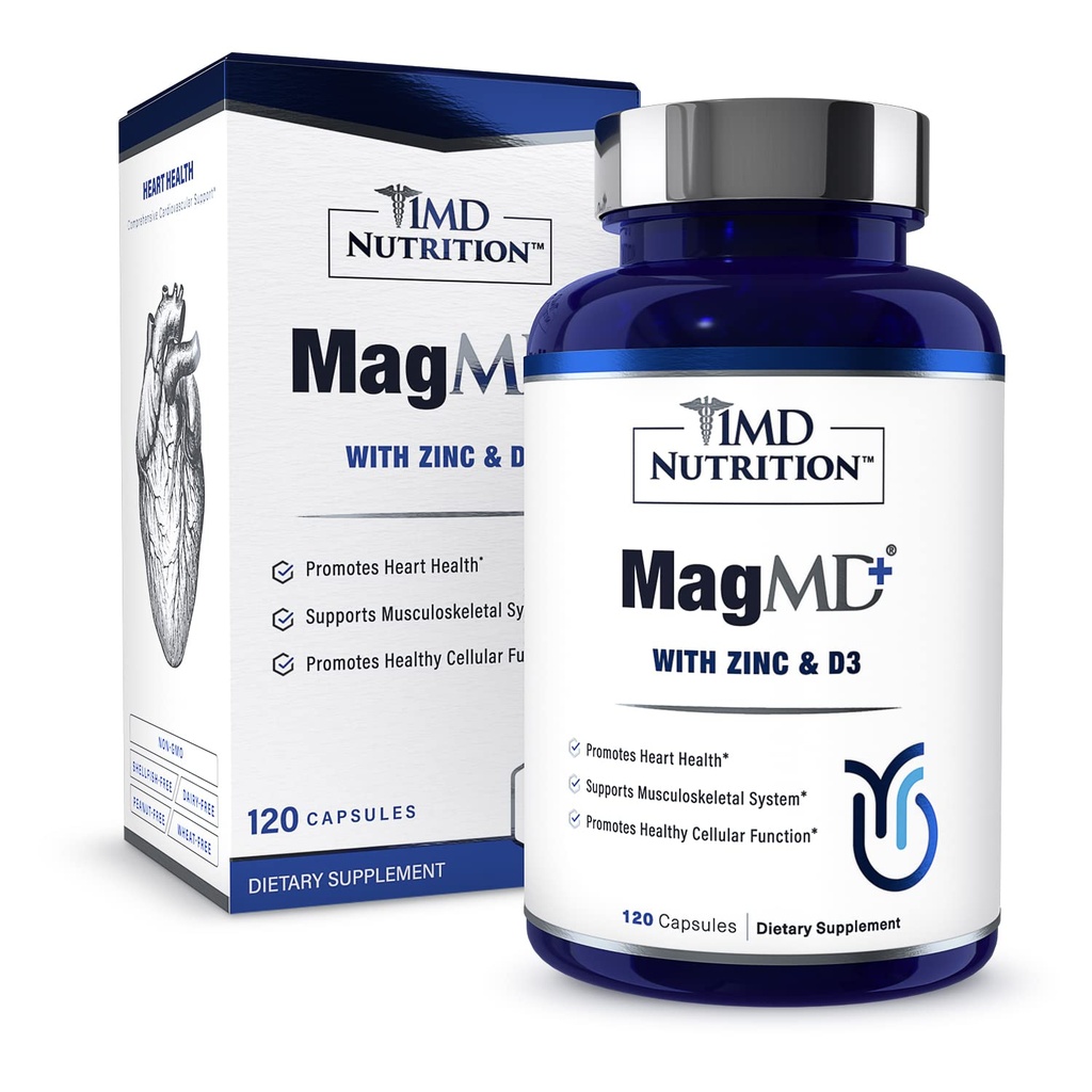 1MD Nutrition MagMD Plus - Magnesium with Zinc &amp; D3 ← promueve la salud del corazón, soporta la fuerza del músculo y el sistema de inmunodeficiencia de la ayuda - 120 Ct