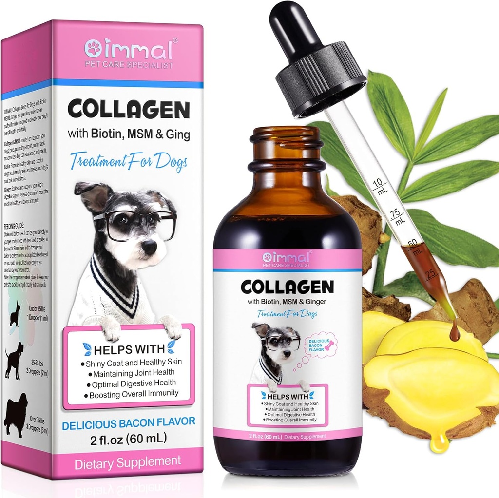 Collagen for Dogs, Liquid Collagen for Dogs, Dog Liquid Collagen Drops, Collagen with Biotin, MSM & Ginger Treatment for Dogs, Skin and Coat Supplement for Dogs, Dog Collagen 60ml ﻿ ﻿ ﻿ ﻿