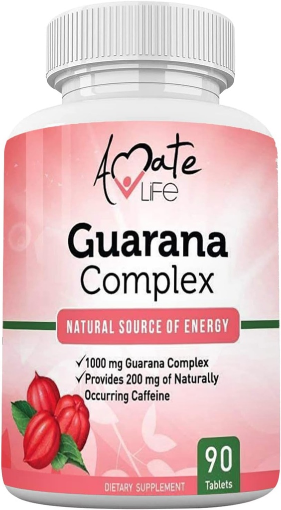 Complejo Amate Life Guarana - Energizante Complejo Guarana - Suplemento Energizante Caffeine - Fuente de Energía - Aumento de Funciones de la Mente Suplemento - 1000 mg de Guarana - 90 Tablas