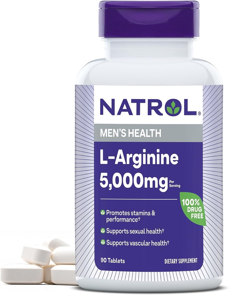 Natrol L-Arginina 5.000 mg, Suplemento dietético para la salud de los hombres, Suplemento L-Arginina, 90 Tabletas, 18 Días de Suministro