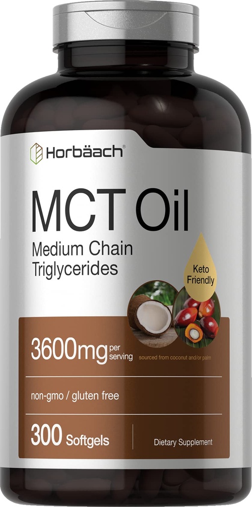 Horbäach MCT Oil Pills  3600mg ← 300 Softgel Capsules Silencio Keto Suplemento de Coconut  durable with Caprylic & Capric Acid ← Non-GMO, and Gluten Free
