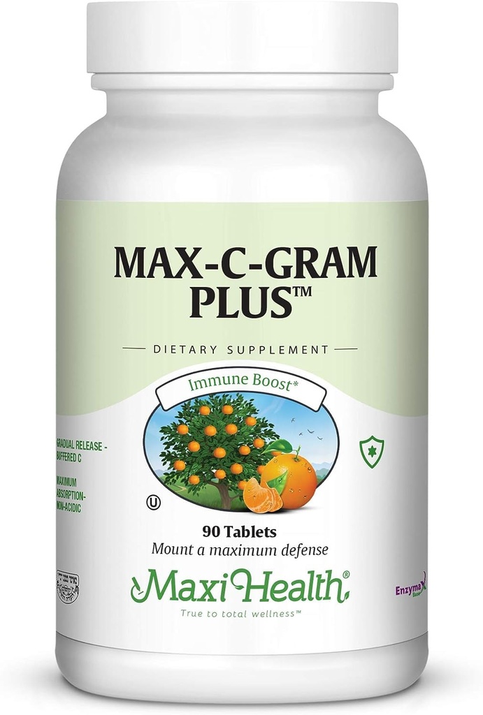 Maxi Health Vitamina C 1050mg – Complejo C amortiguado con Calcio Ascorbate & Bioflavonoids – Suplemento de Apoyo Inmunitario, No Acidic, Gentle on Stomach, Gradual Release – 90 Tablets