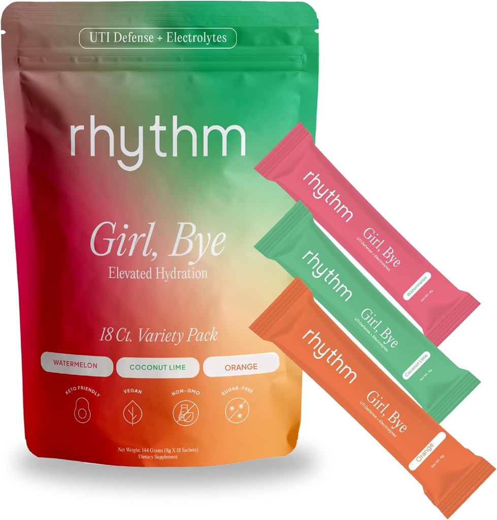 ritmo Girl, Bye Fast-Acting 18 ct. Tropical-Flavored Keto UTI Relief & Defense + Rapid Hydration Urinary Tract Health Drink Mix  pH Balancing ← Trabajar para mejorar la intimidad