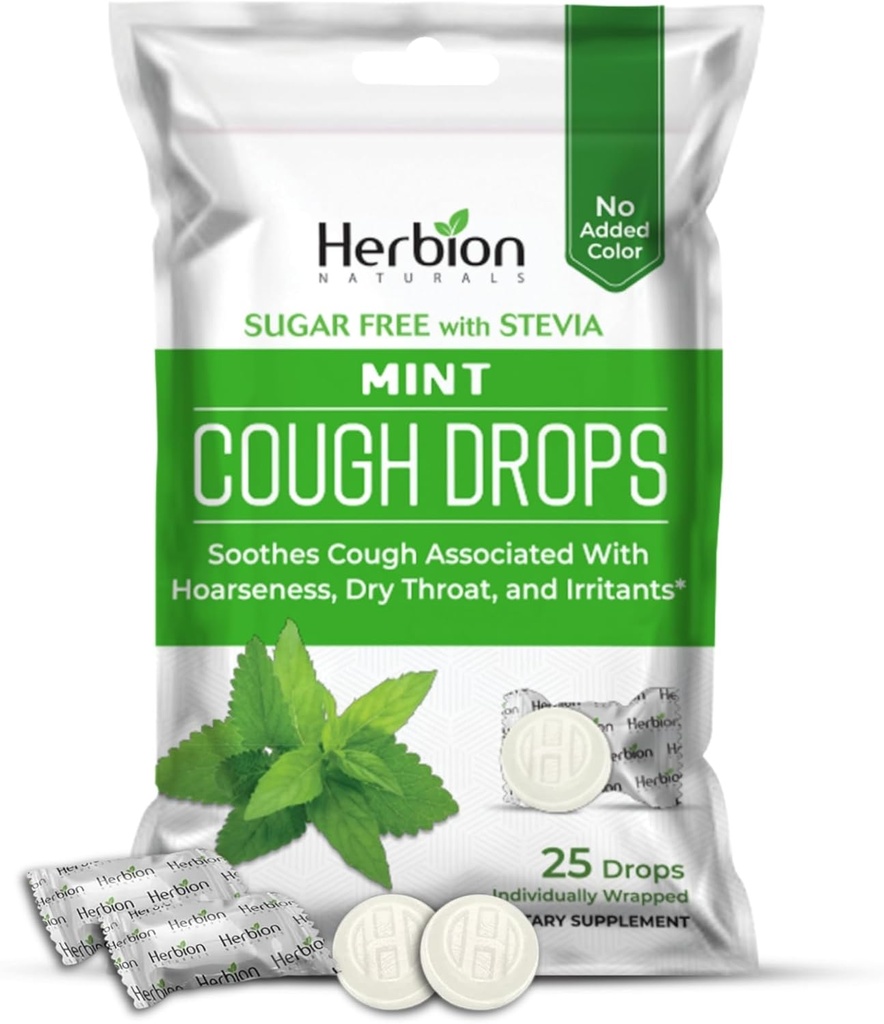 HERBION Naturals Cough Drops, Sugar-Free with Stevia, Dietary Supplement, Soothes Cough, for Adults &amp; Children Over 6 Years, 125 Drops (Pack of 5), Mint