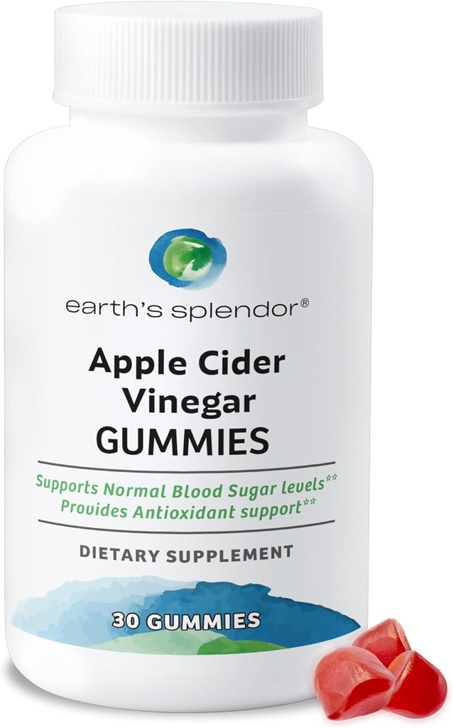 Earth's Splendor Apple Cider Vinegar Gummies - 30 Count - Vegan, Non-GMO, Gluten-Free - Supports Digestive Health, Detox, Immune System & Natural Energy - Delicious Fruity Flavor