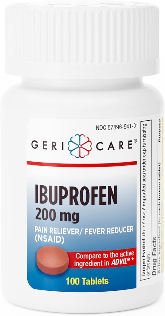 GeriCare Ibuprofeno 200mg Creenciador de Dolor y Reductor de Fiebre – Tablas para Dolores de Cabeza, Colds, Toothaches y Conde de Dolor Conjunto 100 (Pack of 1)