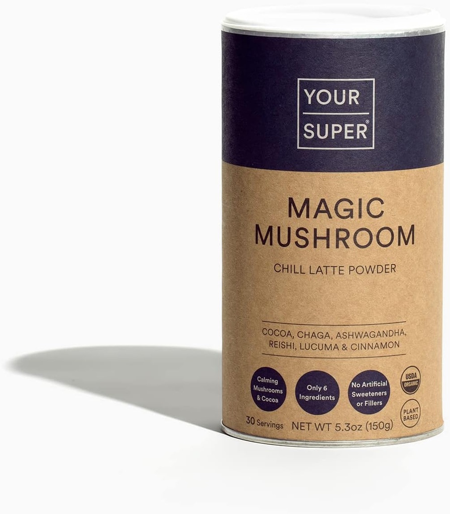 Your Super Magic Mushroom Superfood Powder – Mushroom Supplement for Natural Calm, Brain Health, and Immune Support, Made with Organic Ashwagandha, Lucuma, Reishi, and Chaga Powder (30 Servings)