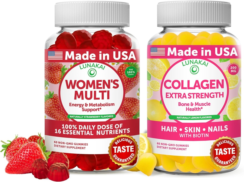 Lunakai Womens Multi y Collagen Gummies Combo - Suplementos naturales, sin gluten, sin jarabe de maíz 60 ct Collagen y 60 ct Multivitamin femenino - 30 días de alimentación