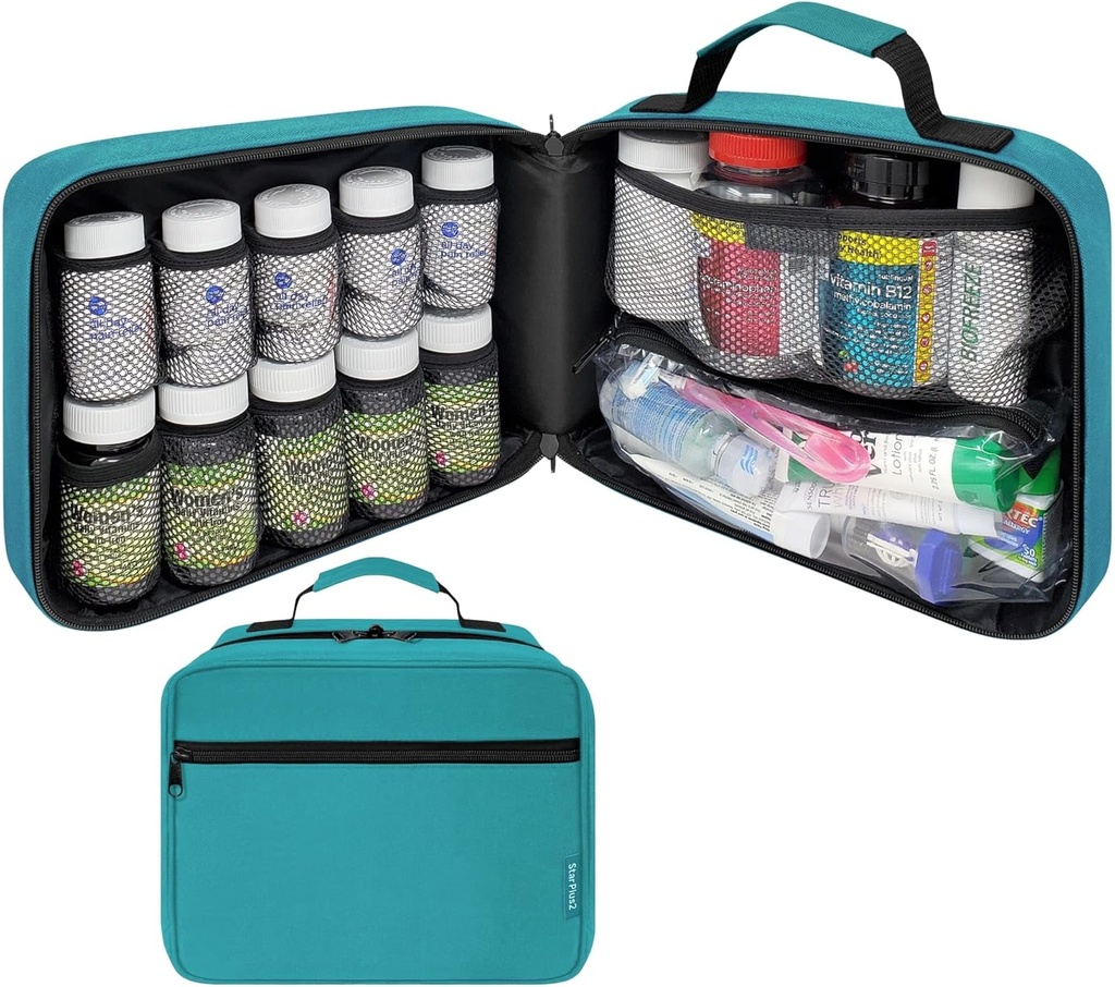 Gran organizador de botellas acolchadas, bolsa de medicina, caso, portador de medicamentos, vitaminas y suministros médicos - Organizador de medicina de viaje y bolsa de memoria de almacenamiento casera - Turquesa (sin bloqueo)