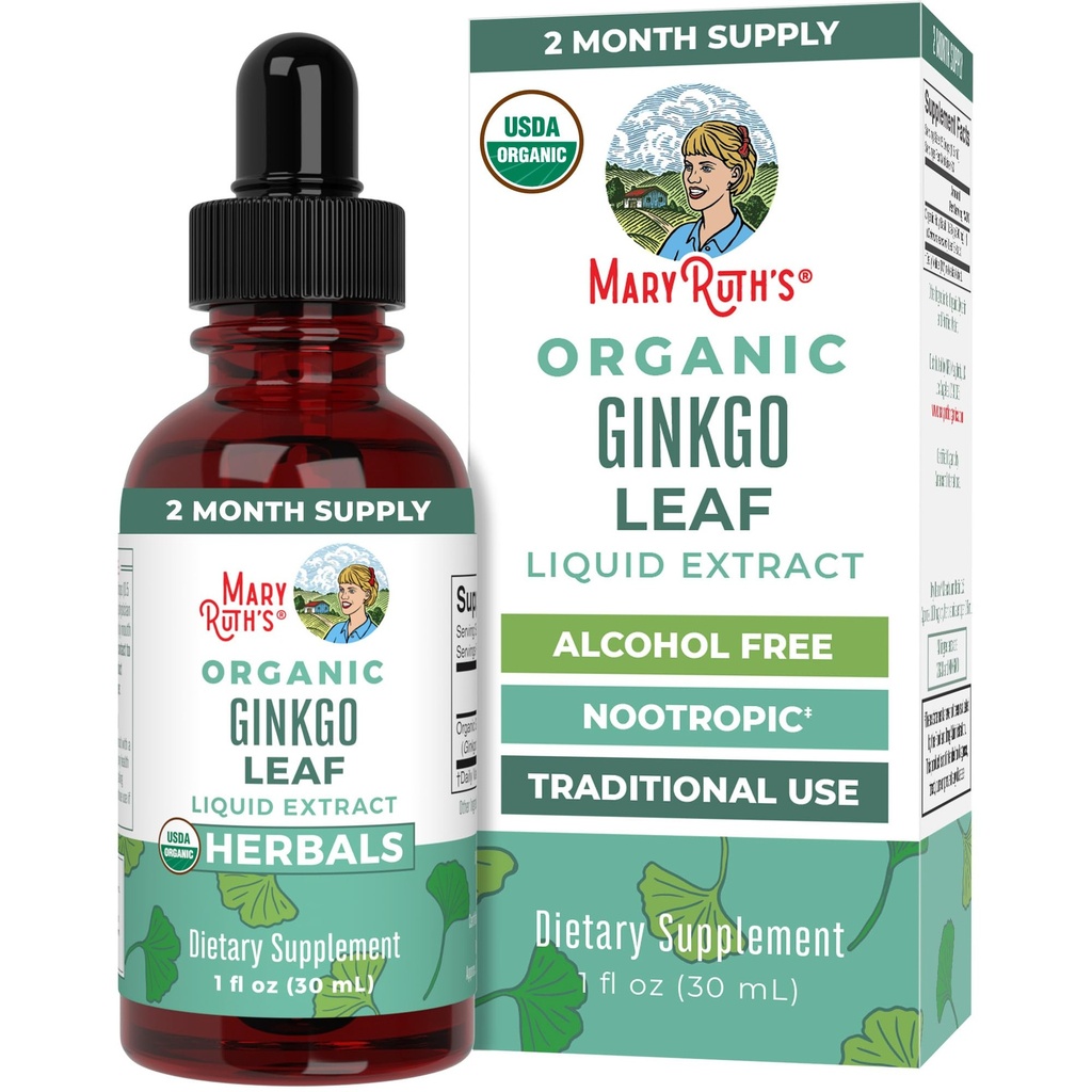 MaryRuth Organics Ginkgo Leaf Liquid Drops ← Herbal Supplement TEN Nootropic Silencio Circulatory System " Nervous System Health TEN USDA Organic ← No-GMO TEN Vegan ANTE 60 Servings